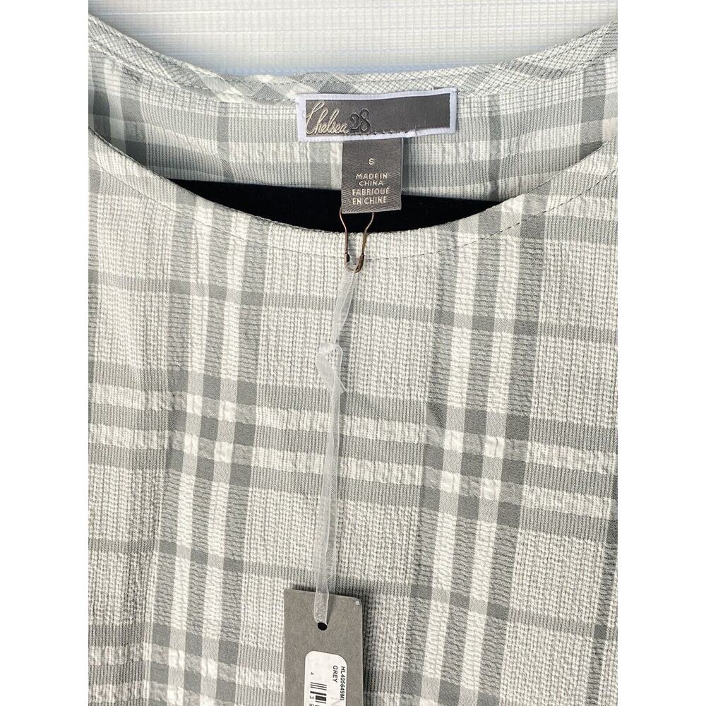 Chelsea 28 Grey Plaid Crew Neck 3/4 Sleeve Faux Wrap Midi Dress Size Small NWT - Picture 3 of 8